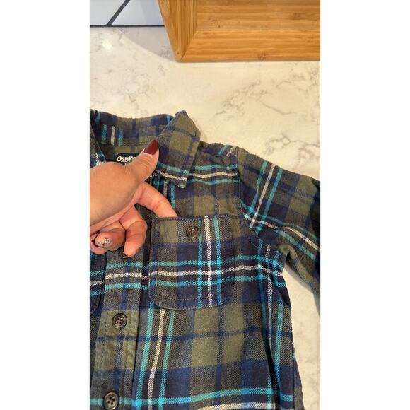 OSHKOSH B'GOSH 2T BOYS BUTTON FRONT GREEN BLUE PLAID FLANNEL BUTTON DOWN - Picture 2 of 7